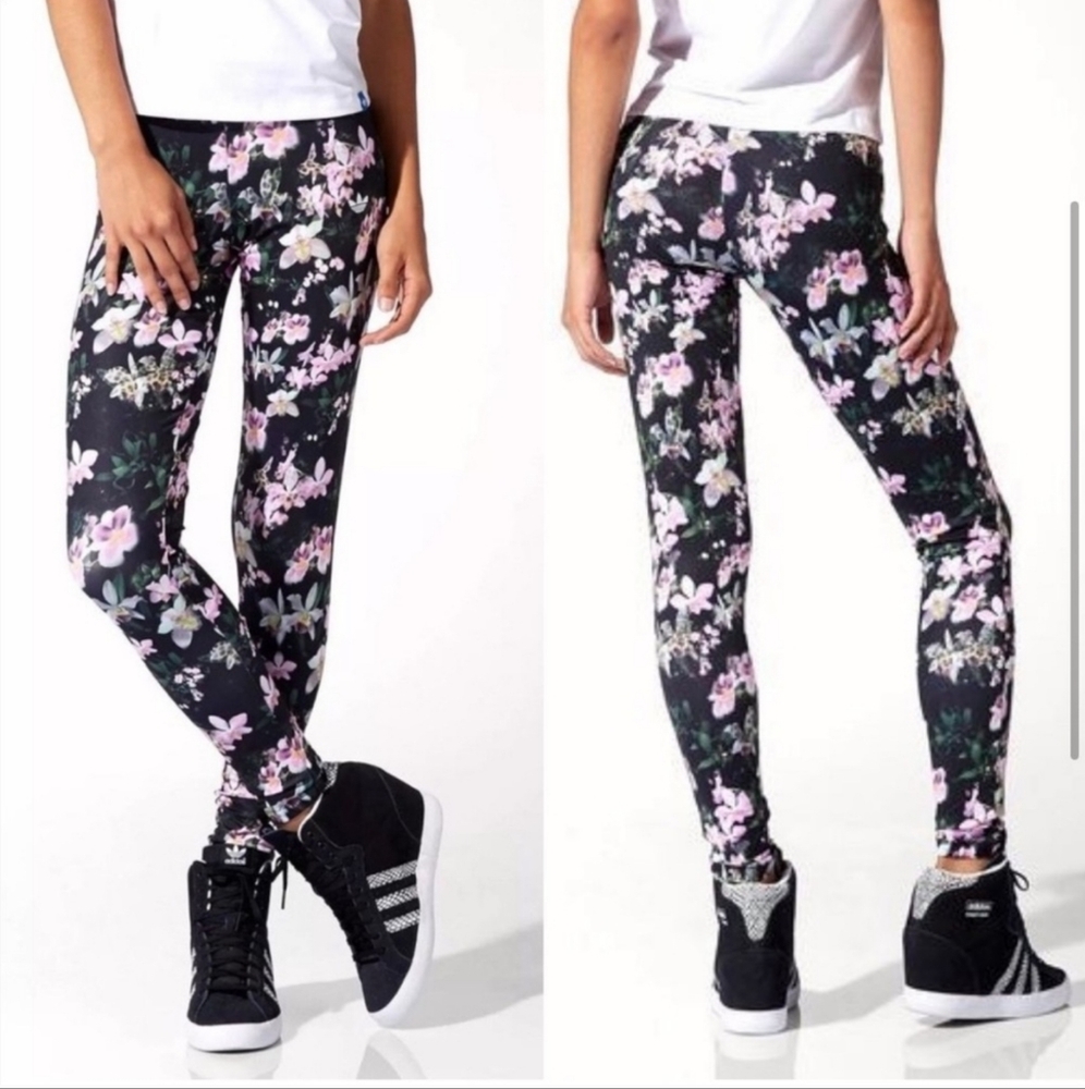 Adidas Floral‎ Orchid Leggings Pants S Leopard Ankle Athletic Black Purple